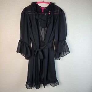 Betsey Johnson Intimates Black Sheer Ruffle Robe & Thong Set Size Large / Medium